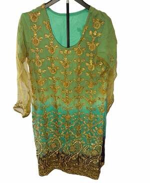 Women’s Green/Gold A-Line Knee Length Dress Sheer Long Sleeve V-Neck Beaded